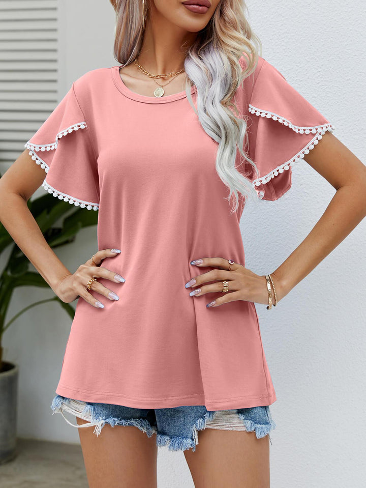 Pom-Pom Trim Flutter Sleeve Round Neck Tee - BELLATRENDZ