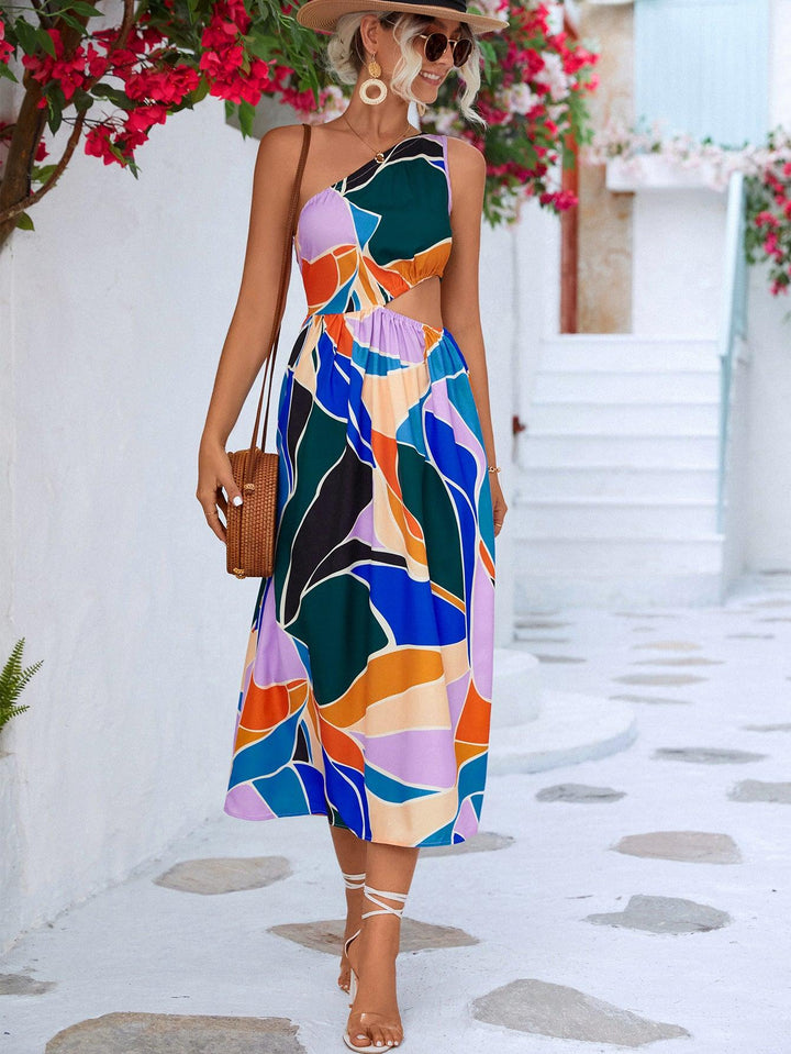 Printed Cutout One-Shoulder Sleeveless Dress - BELLATRENDZ