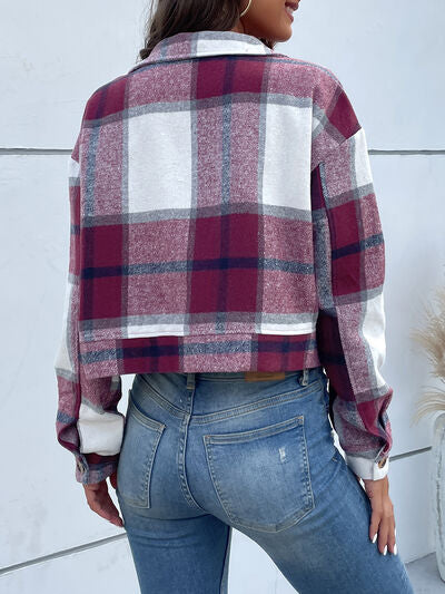 Plaid Button Up Drop Shoulder Cropped Jacket