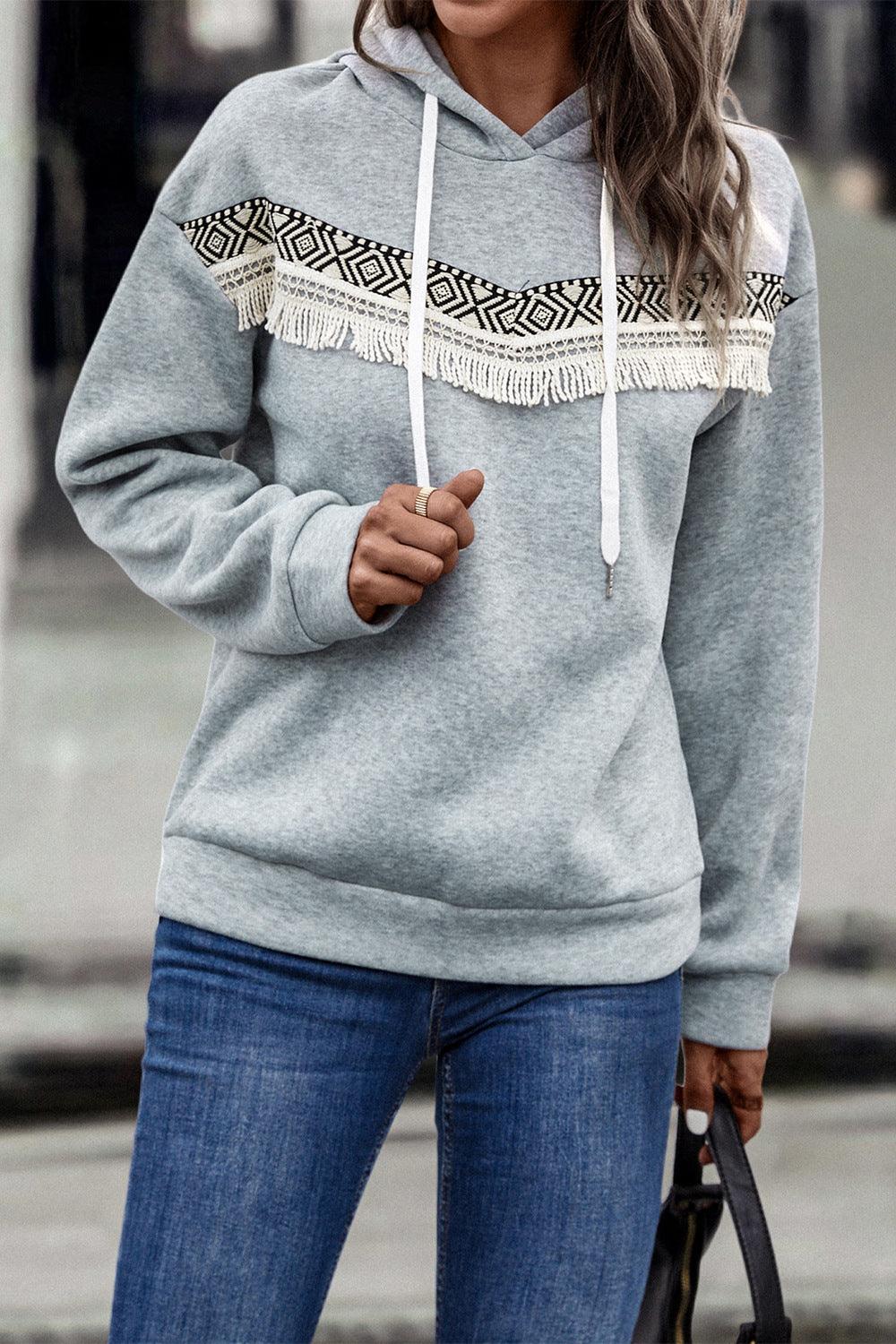 Contrast Fringe Detail Dropped Shoulder Hoodie - BELLATRENDZ