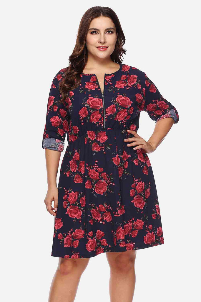 Plus Size Floral Print Half Zip Up Dress