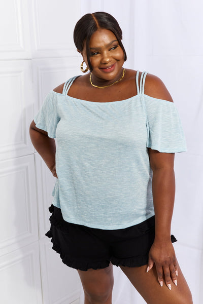 Culture Code On The Move Full Size Off The Shoulder Flare Sleeve Top in Ice Blue