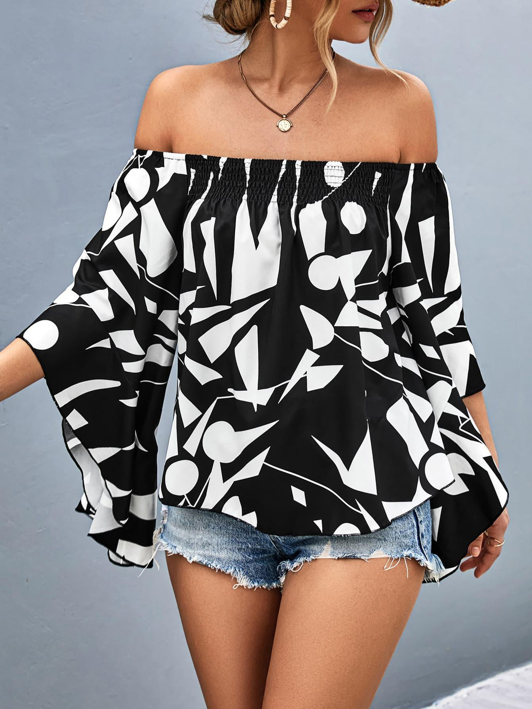 Printed Off-Shoulder Bell Sleeve Blouse - BELLATRENDZ