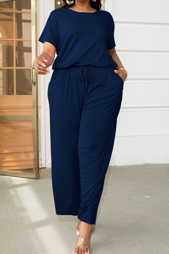 Plus Size Drawstring Waist Short Sleeve Jumpsuit - BELLATRENDZ