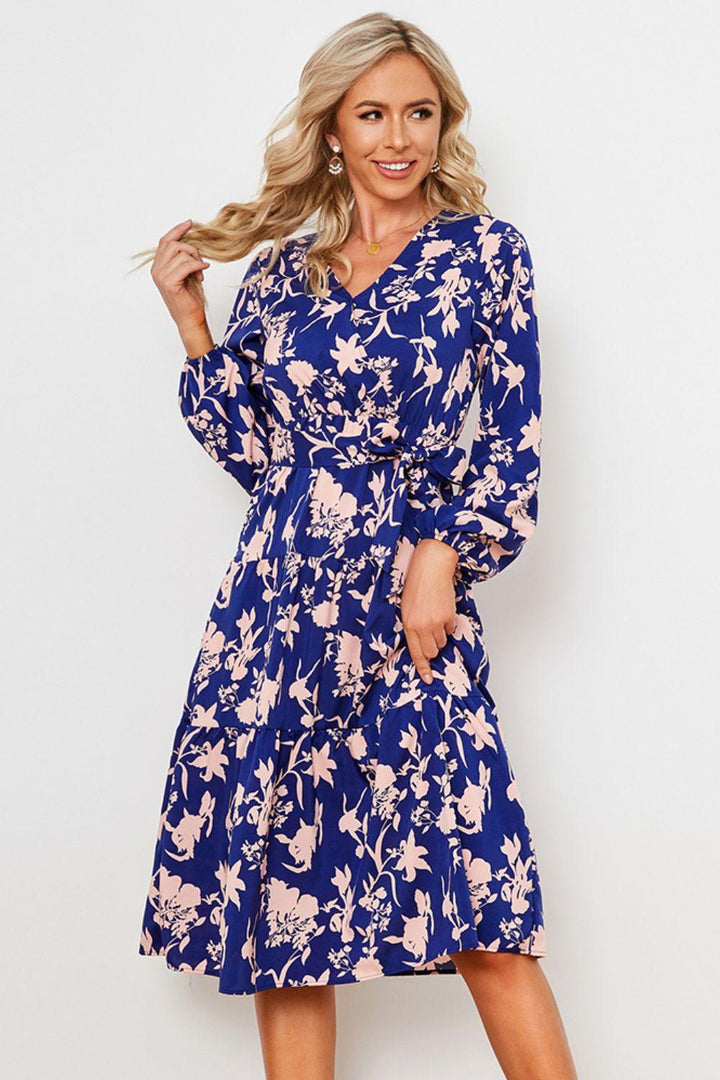 Floral Belted Tiered Midi Dress - BELLATRENDZ