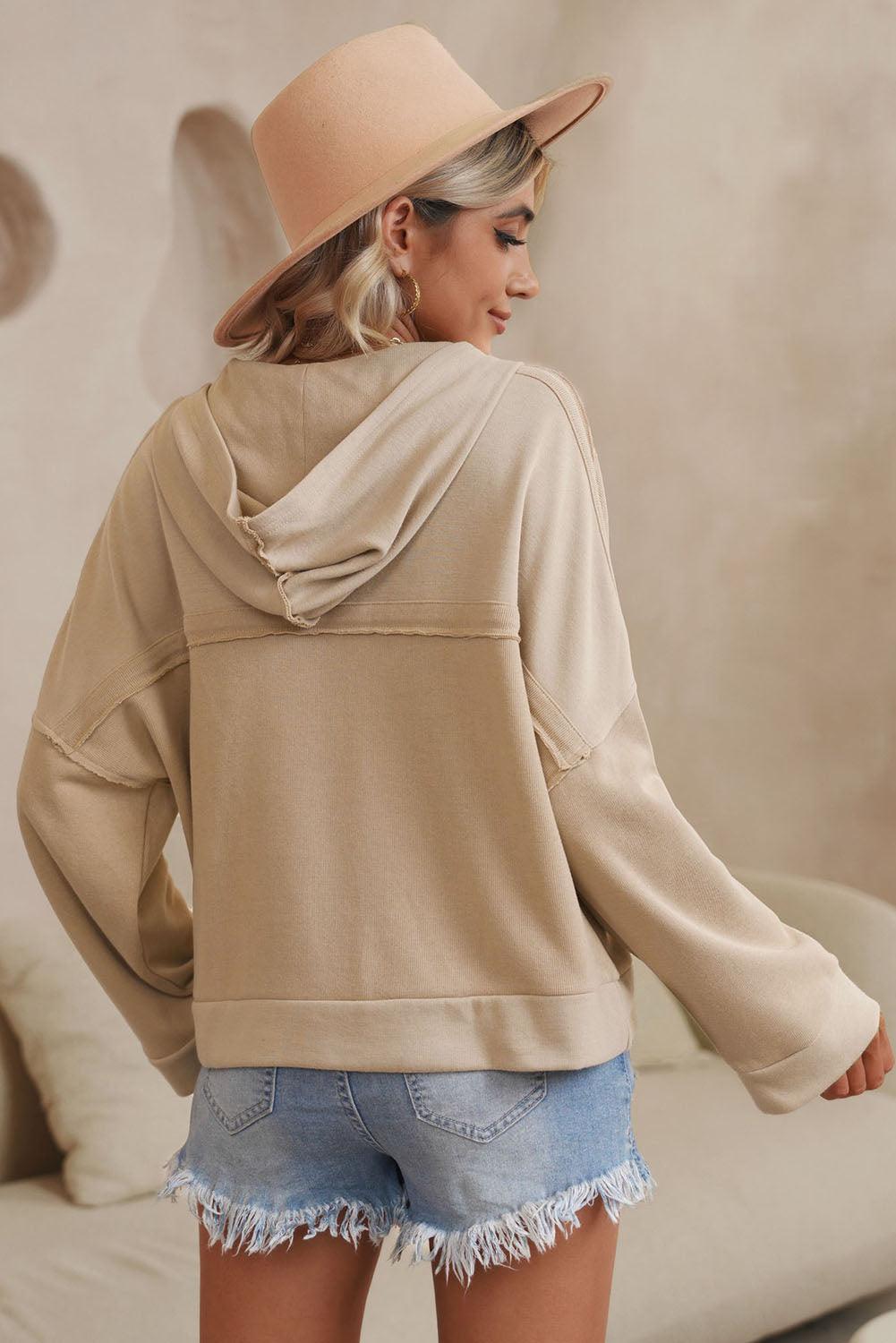 Quarter-Button Exposed Seam Dropped Shoulder Hoodie - BELLATRENDZ