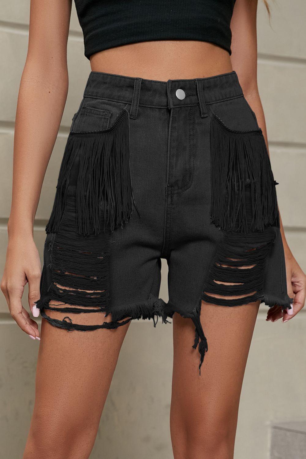 Fringe Trim Distressed Denim Shorts with Pockets - BELLATRENDZ