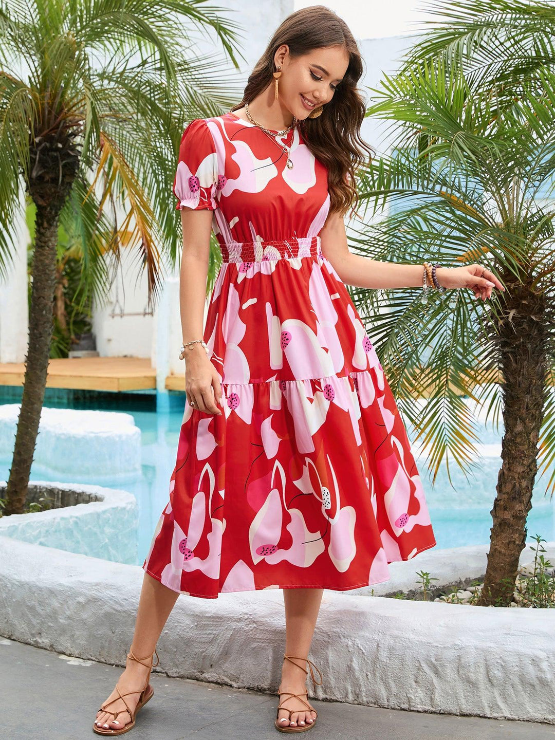 Printed Round Neck Flounce Sleeve Midi Dress - BELLATRENDZ