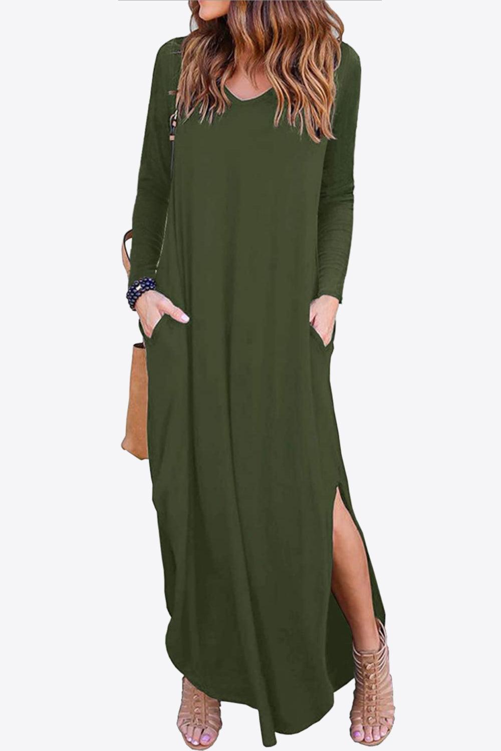Split Long Sleeve V-Neck Maxi Dress - BELLATRENDZ