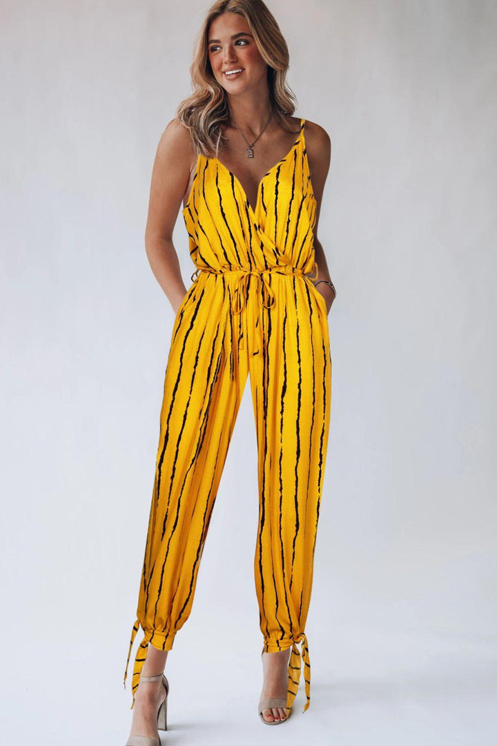 Striped Contrast Tie Ankle Spaghetti Strap Jumpsuit - BELLATRENDZ