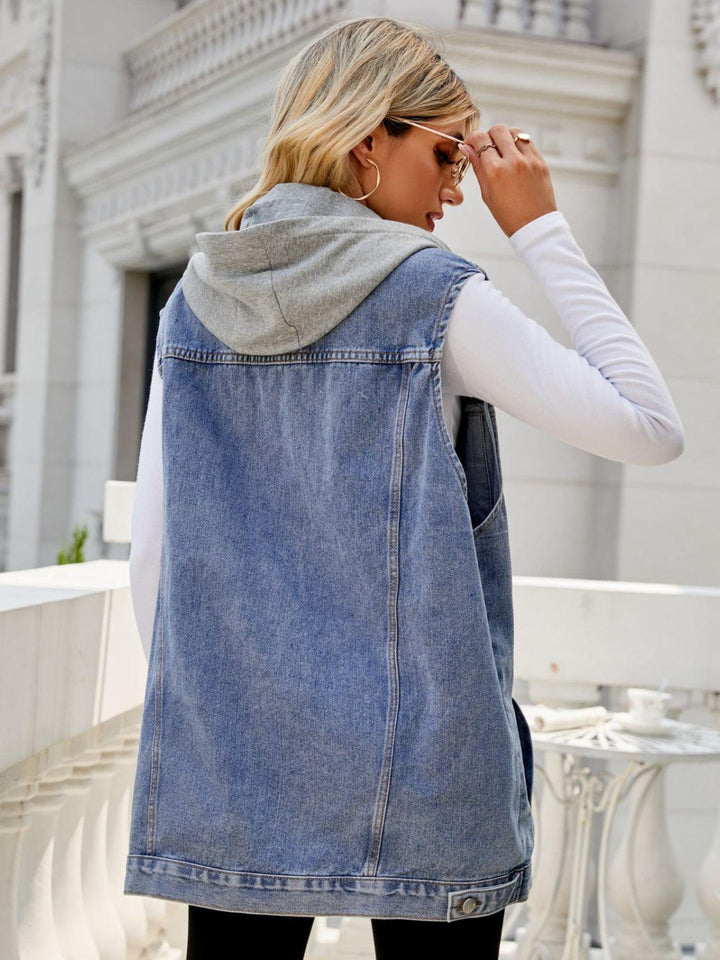 Drawstring Hooded Sleeveless Denim Top with Pockets - BELLATRENDZ