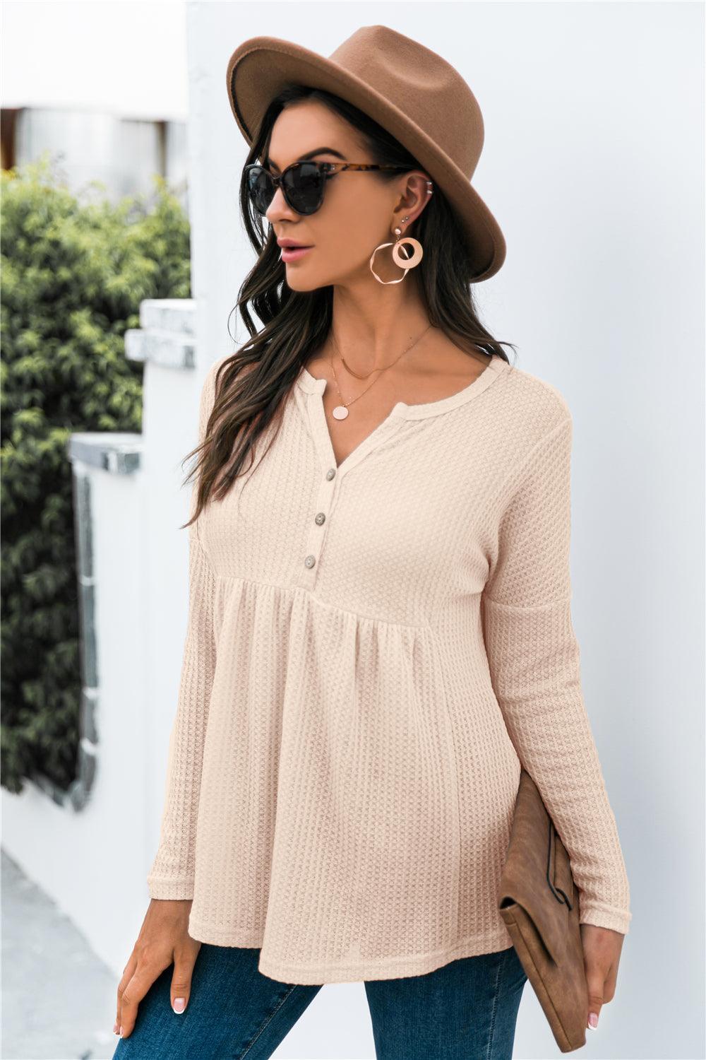 Button Front Waffle Knit Babydoll Top - BELLATRENDZ