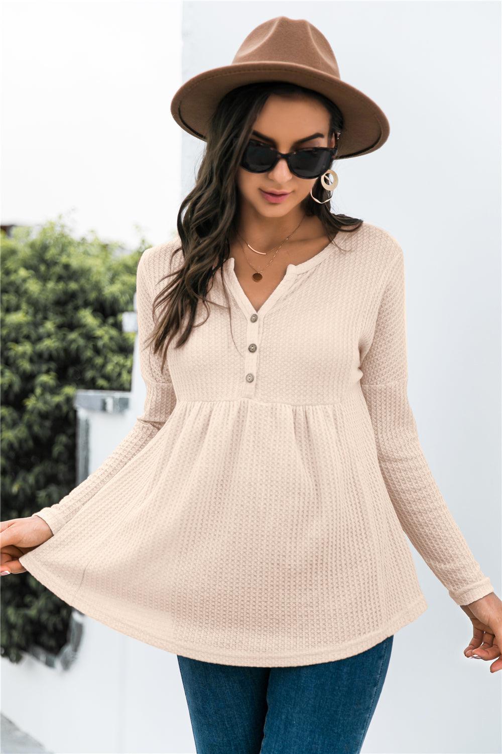 Button Front Waffle Knit Babydoll Top - BELLATRENDZ