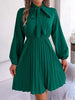 Tie Neck Balloon Sleeve Pleated Dress