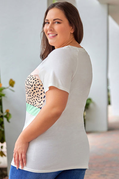 Plus Size Printed Contrast Round Neck Tee Shirt