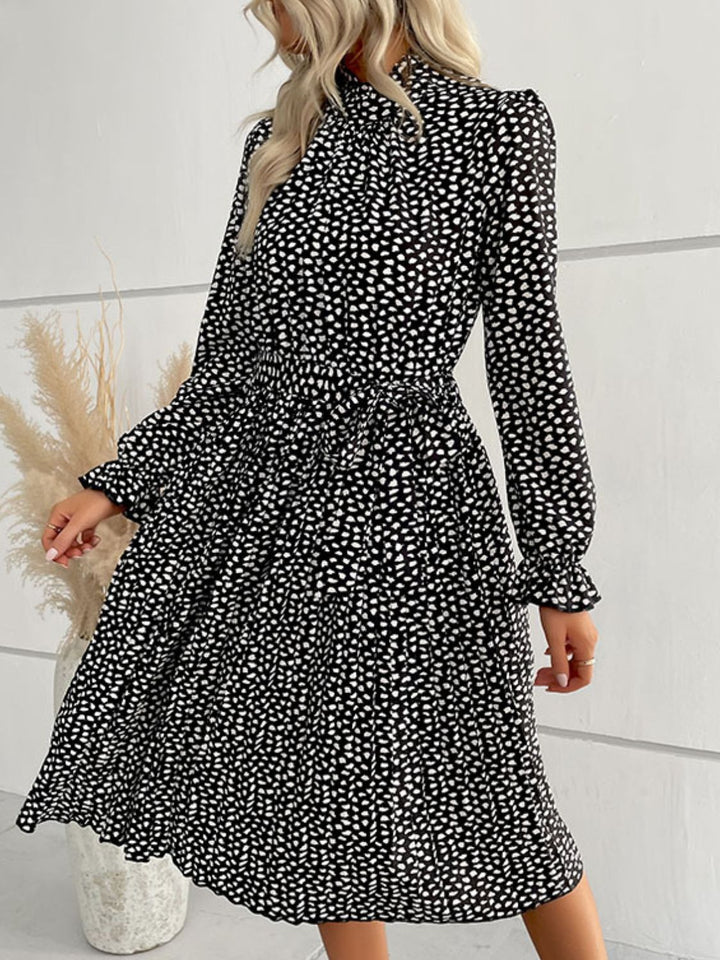 Printed Tie-Waist Flounce Sleeve Keyhole Midi Dress