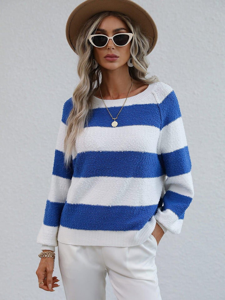 Striped Raglan Sleeve Ribbed Trim Knit Top - BELLATRENDZ