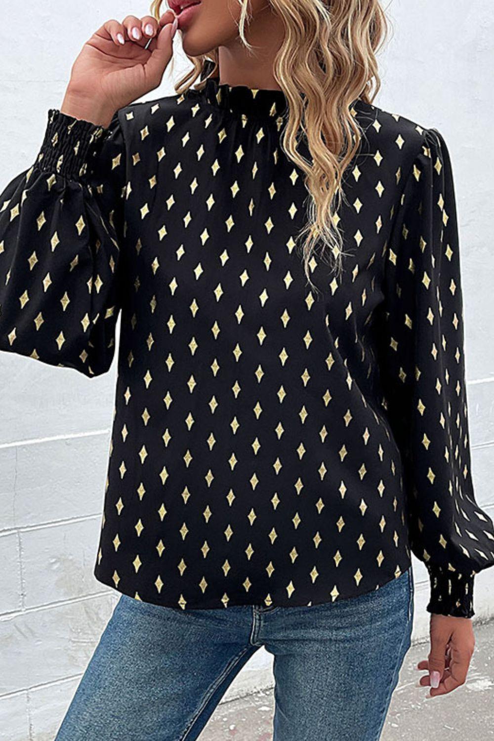 Geometric Print Frill Neck Lantern Sleeve Blouse - BELLATRENDZ