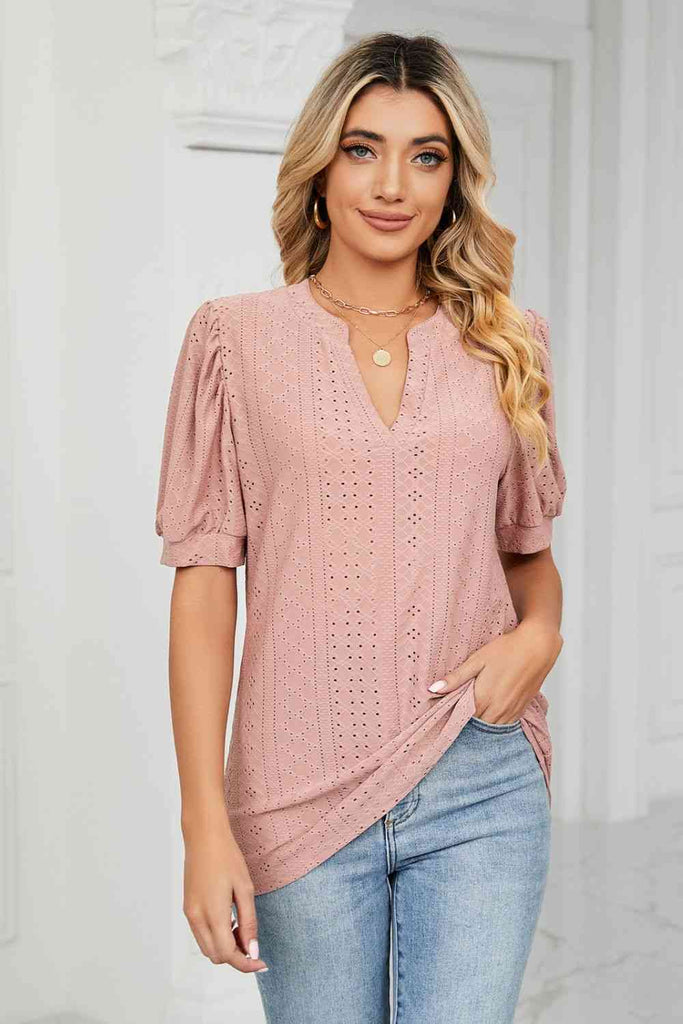 Eyelet Short Puff Sleeve Notched Neck Top