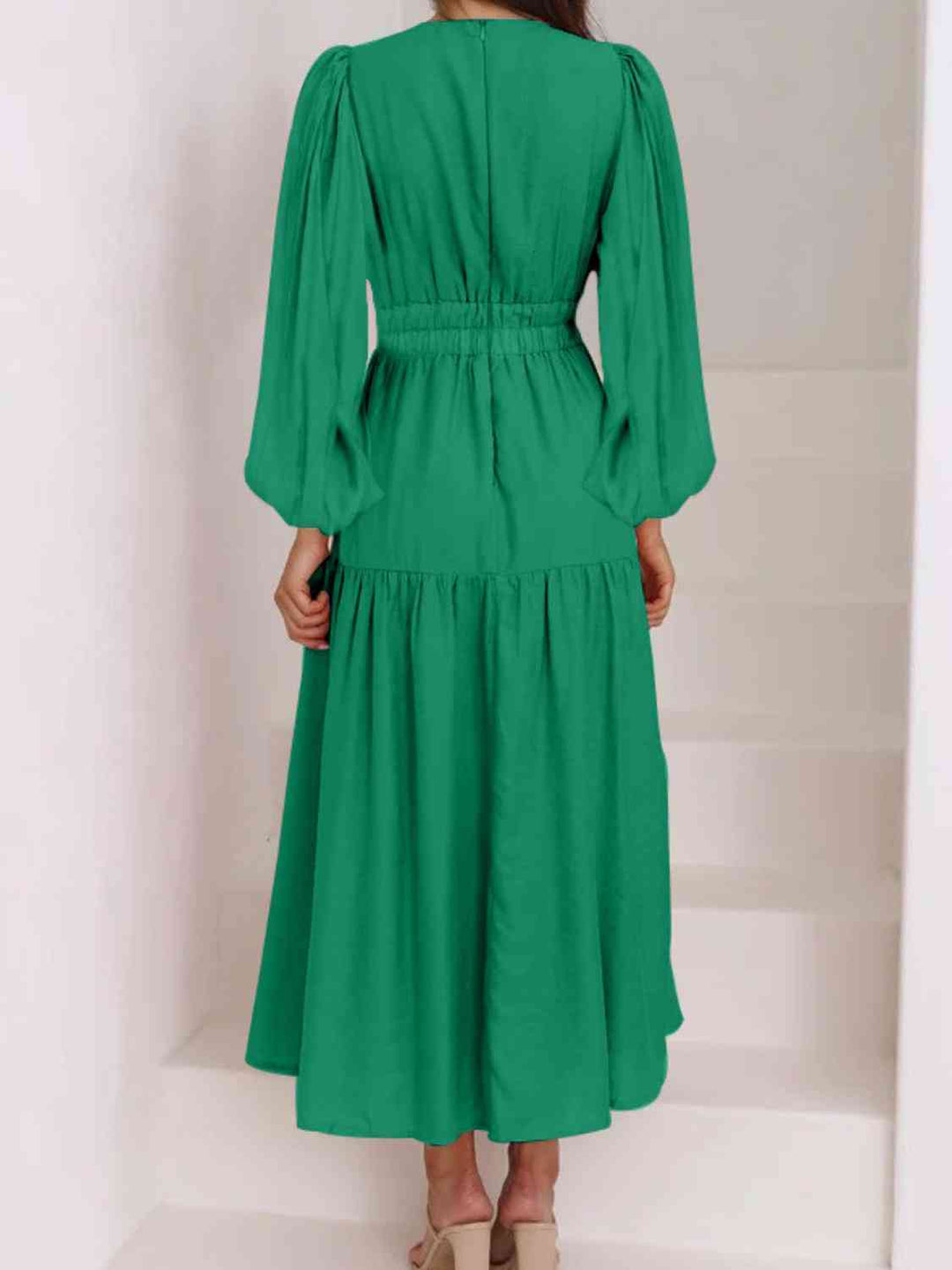 Deep V-Neck Balloon Sleeve Plain Maxi Dress