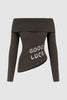 GOOD LUCK Distressed Off-Shoulder Sweater