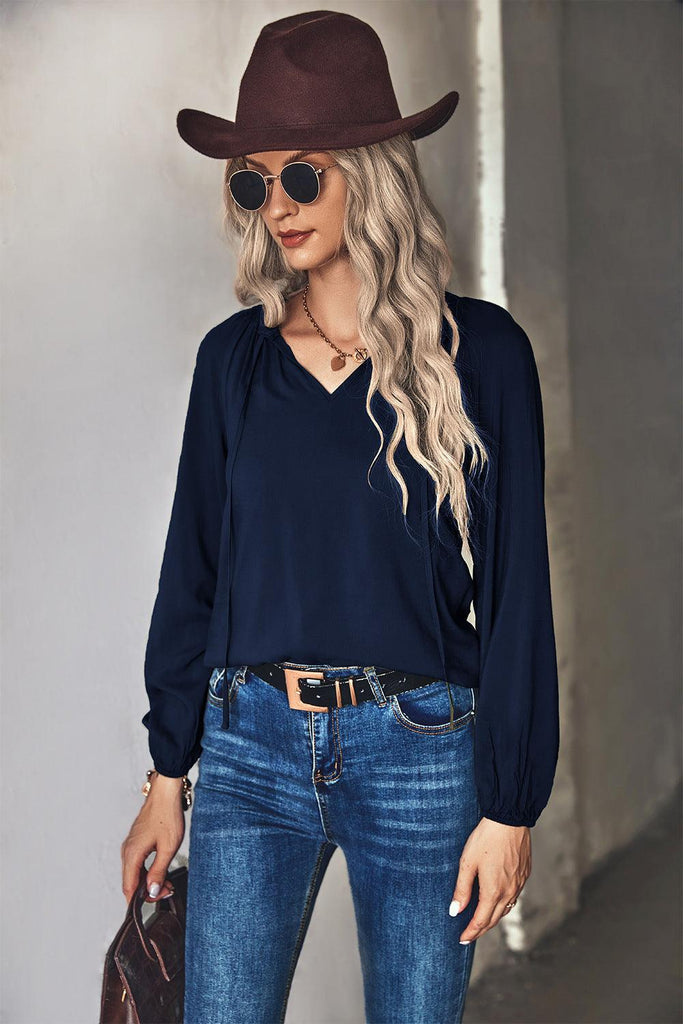 Gathered Detail Tie-Neck Blouse - BELLATRENDZ