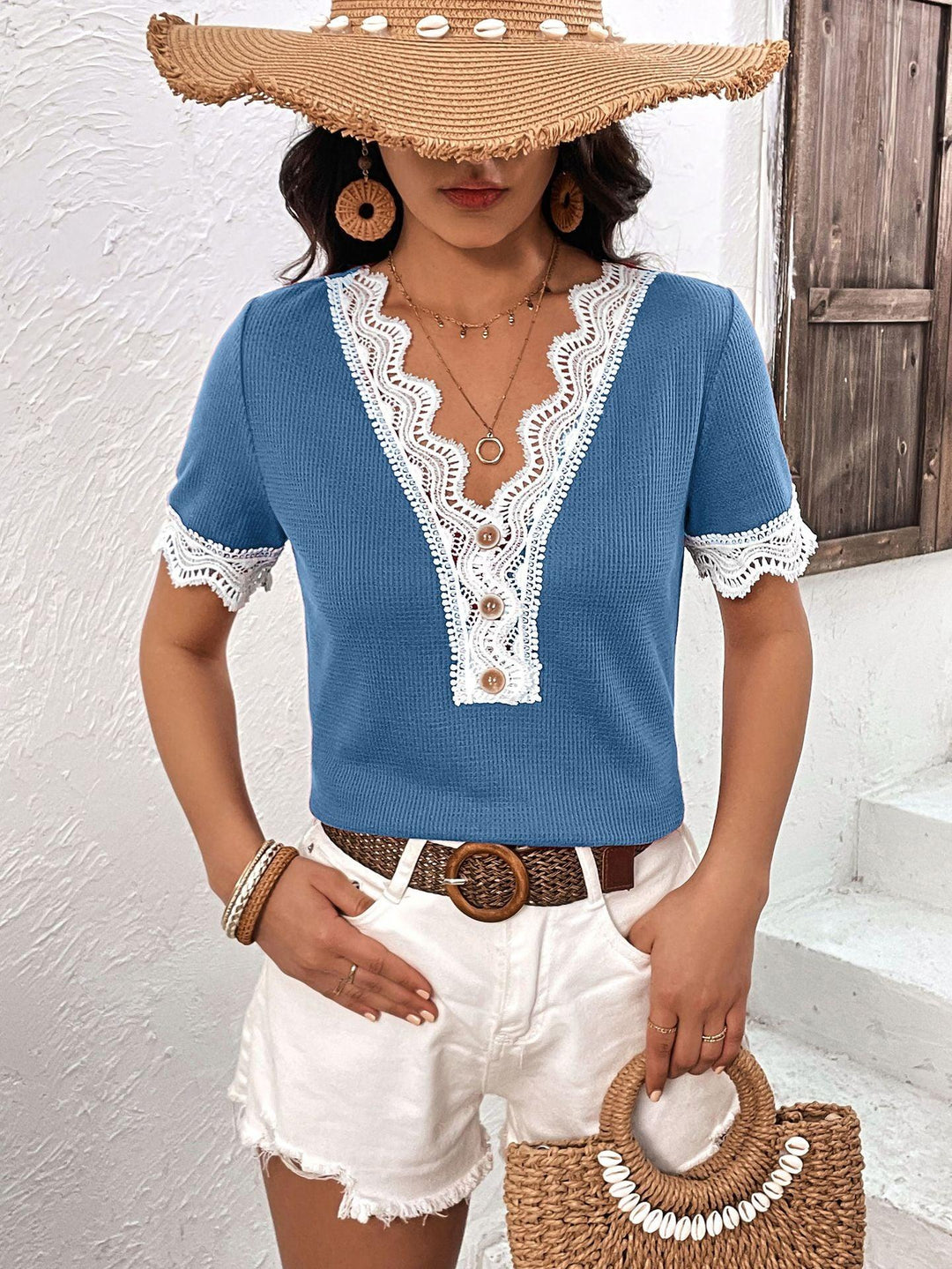 Decorative Button Spliced Lace Short Sleeve Top - BELLATRENDZ