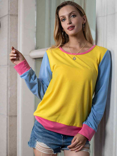 Contrast Round Neck Long Sleeve Top