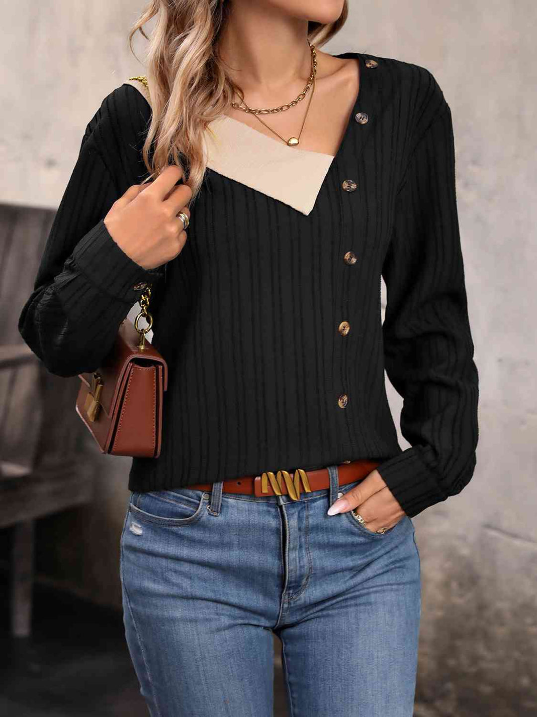 Asymmetrical Neck Decorative Button Top