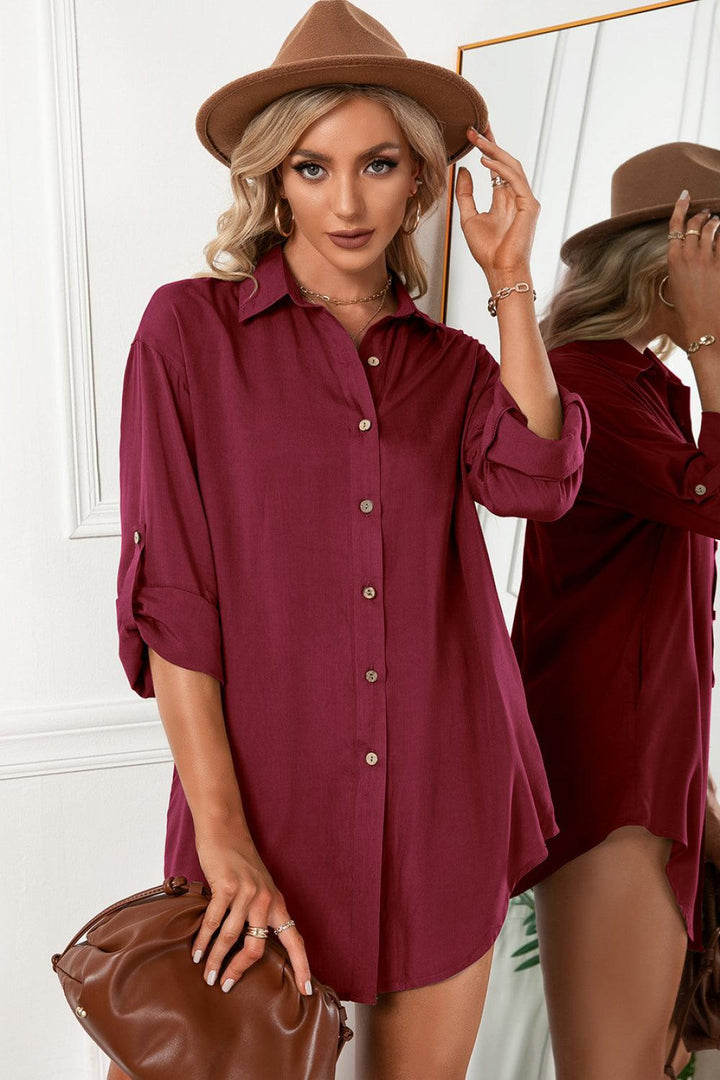 Solid Button Up Drop Shoulder Blouse - BELLATRENDZ