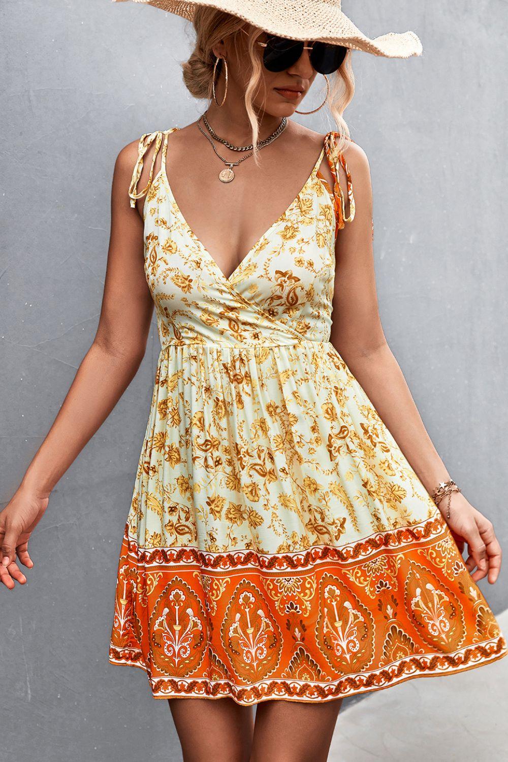 Bohemian Tie Shoulder Surplice Backless Dress - BELLATRENDZ