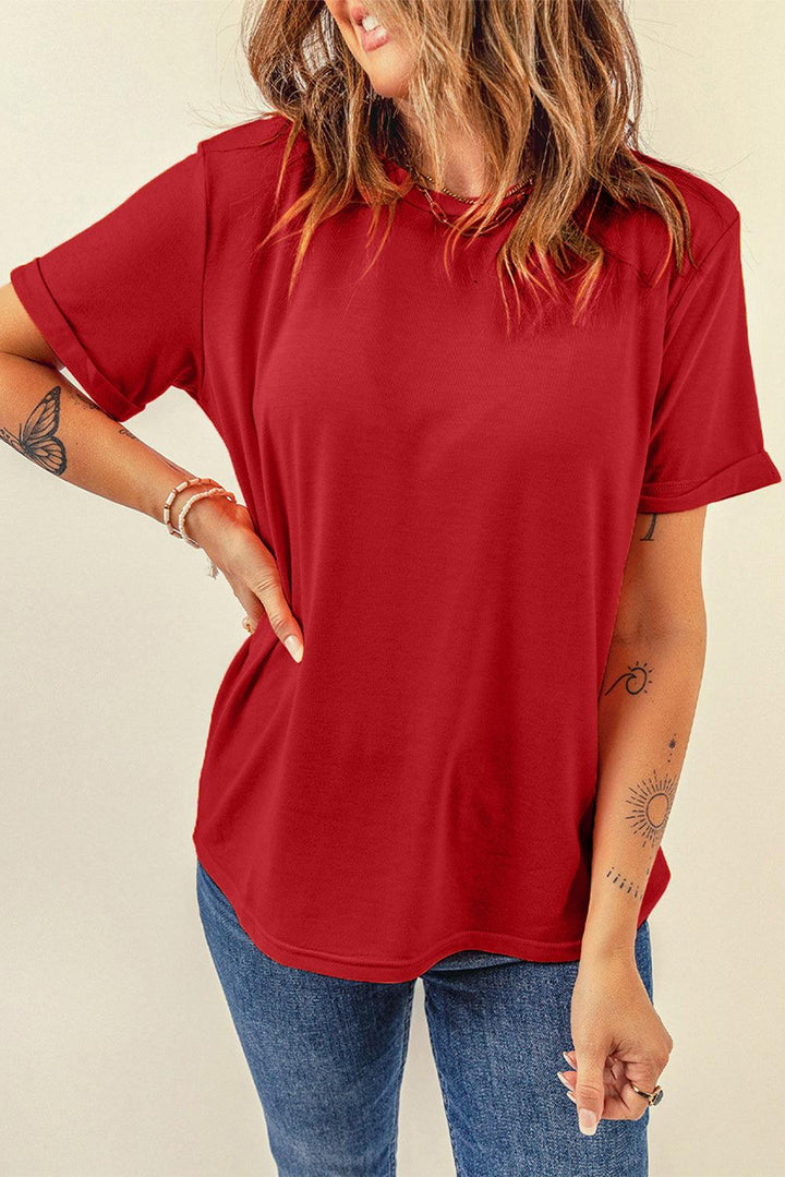 Round Neck Cuffed Short Sleeve Tee - BELLATRENDZ