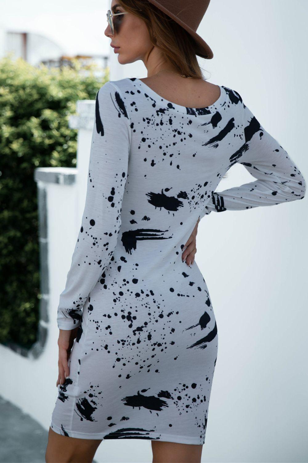 Printed Boat Neck Long Sleeve Dress - BELLATRENDZ