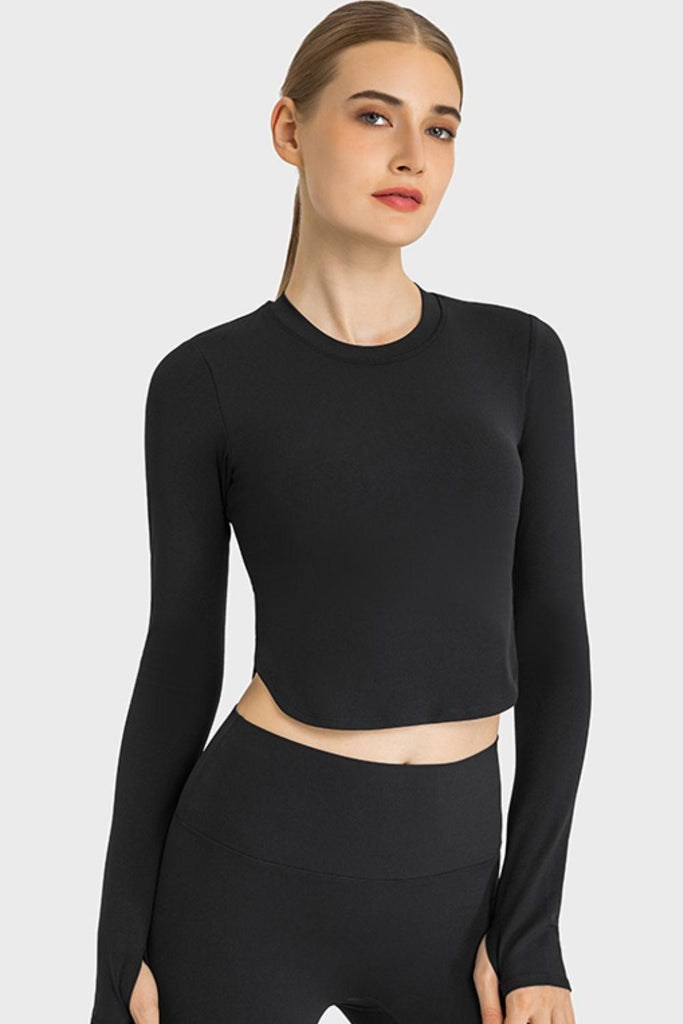 Side Slit Long Sleeve Round Neck Crop Top - BELLATRENDZ