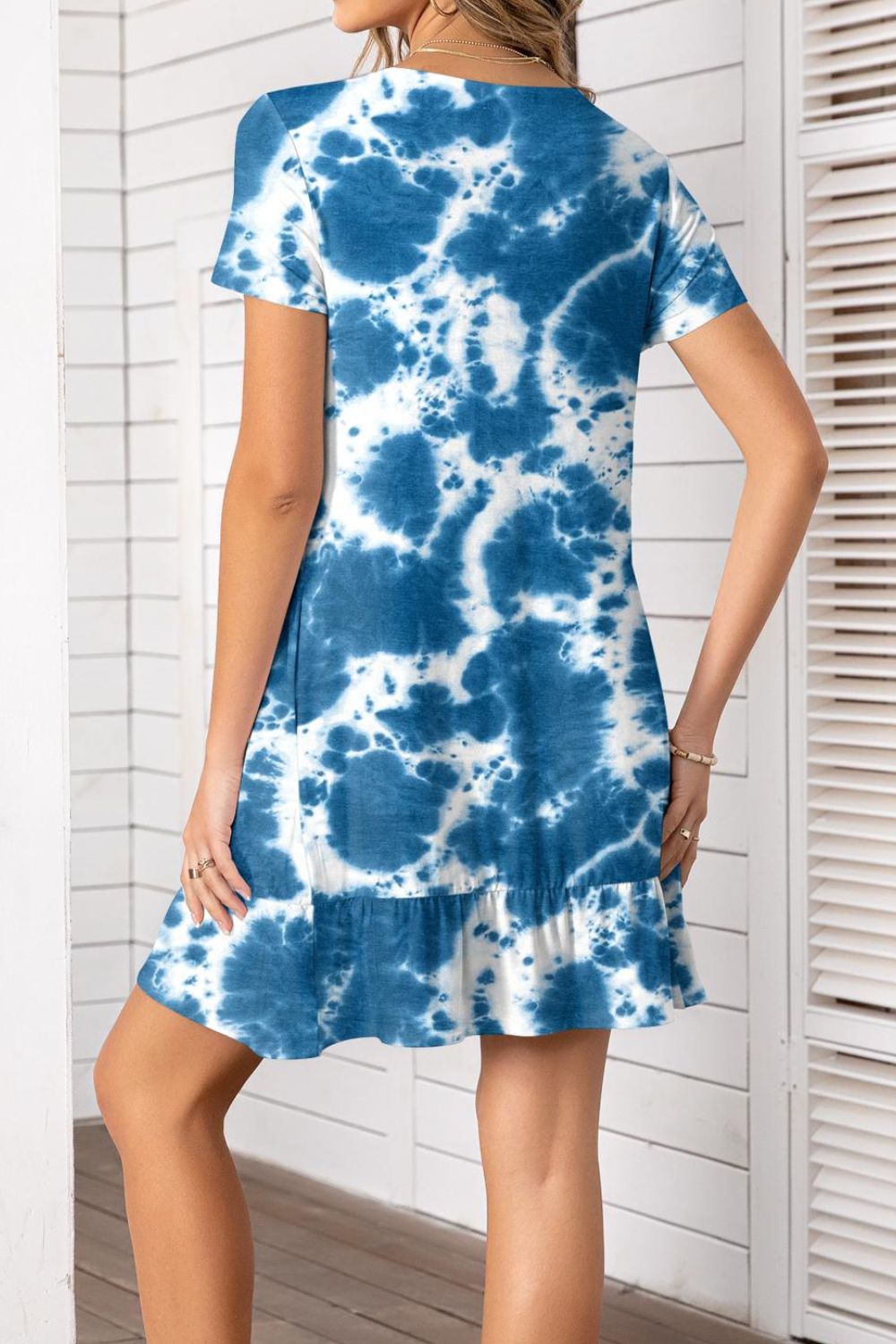 Printed Round Neck Short Sleeve Mini Dress with Pockets