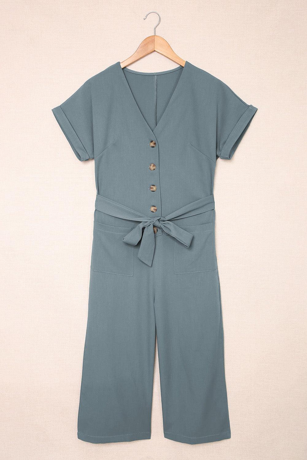 Tie-Waist Buttoned Cropped Jumpsuit - BELLATRENDZ