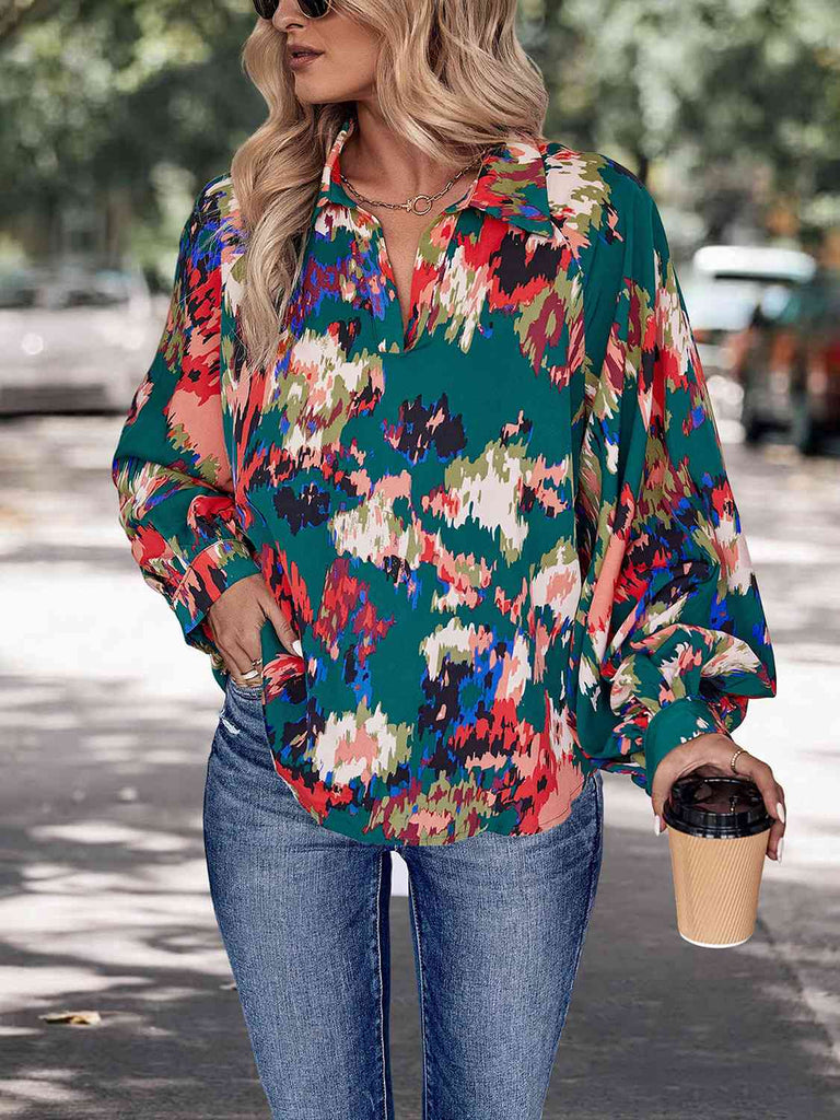 Printed Johnny Collar Long Sleeve Blouse