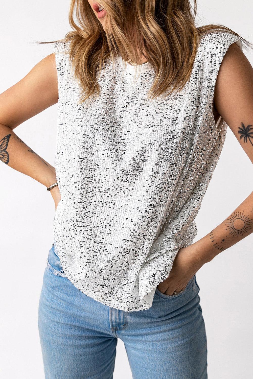 Sequin Round Neck Capped Sleeve Tank - BELLATRENDZ