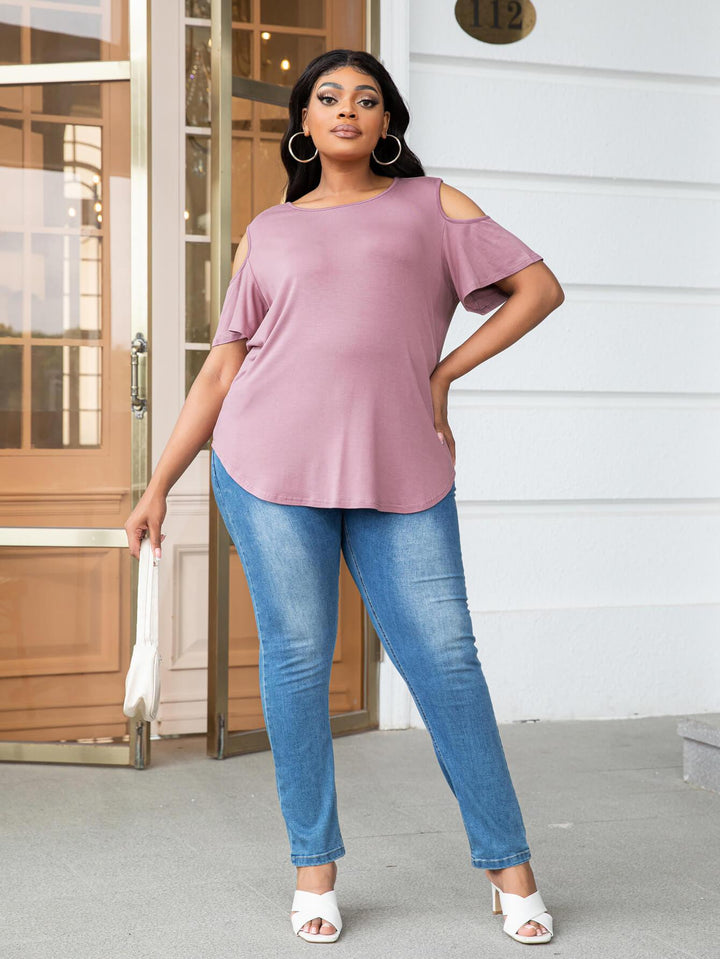 Plus Size Cold-Shoulder Round Neck Curved Hem Tee - BELLATRENDZ