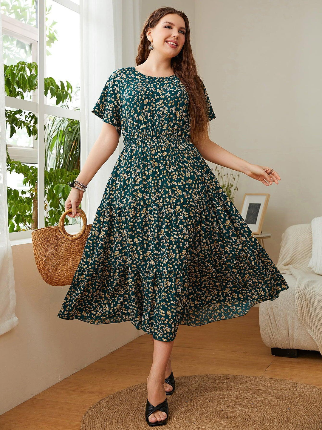 Plus Size Floral Round Neck Short Sleeve Midi Dress - BELLATRENDZ