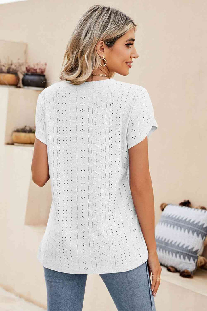 Eyelet Petal Sleeve V-Neck Knit Top