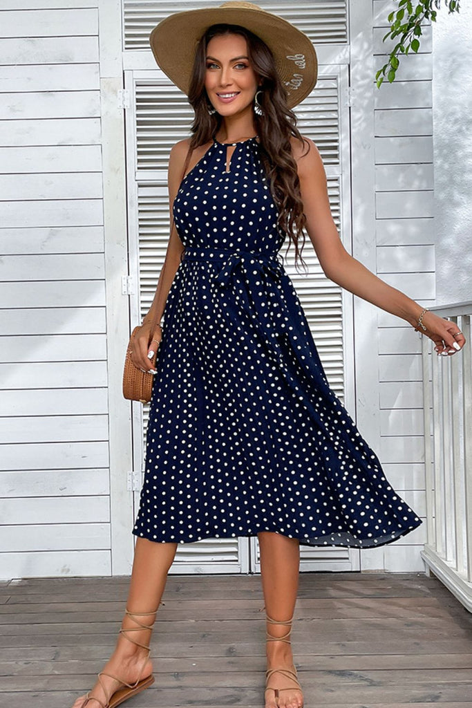 Polka Dot Tie-Waist Sleeveless Midi Dress