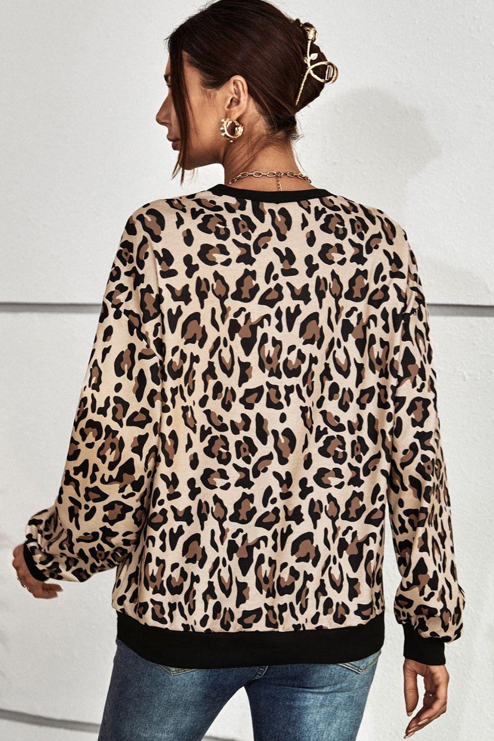 Leopard Round Neck Dropped Shoulder Sweatshirt - BELLATRENDZ