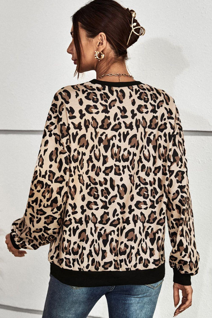 Leopard Round Neck Dropped Shoulder Sweatshirt - BELLATRENDZ