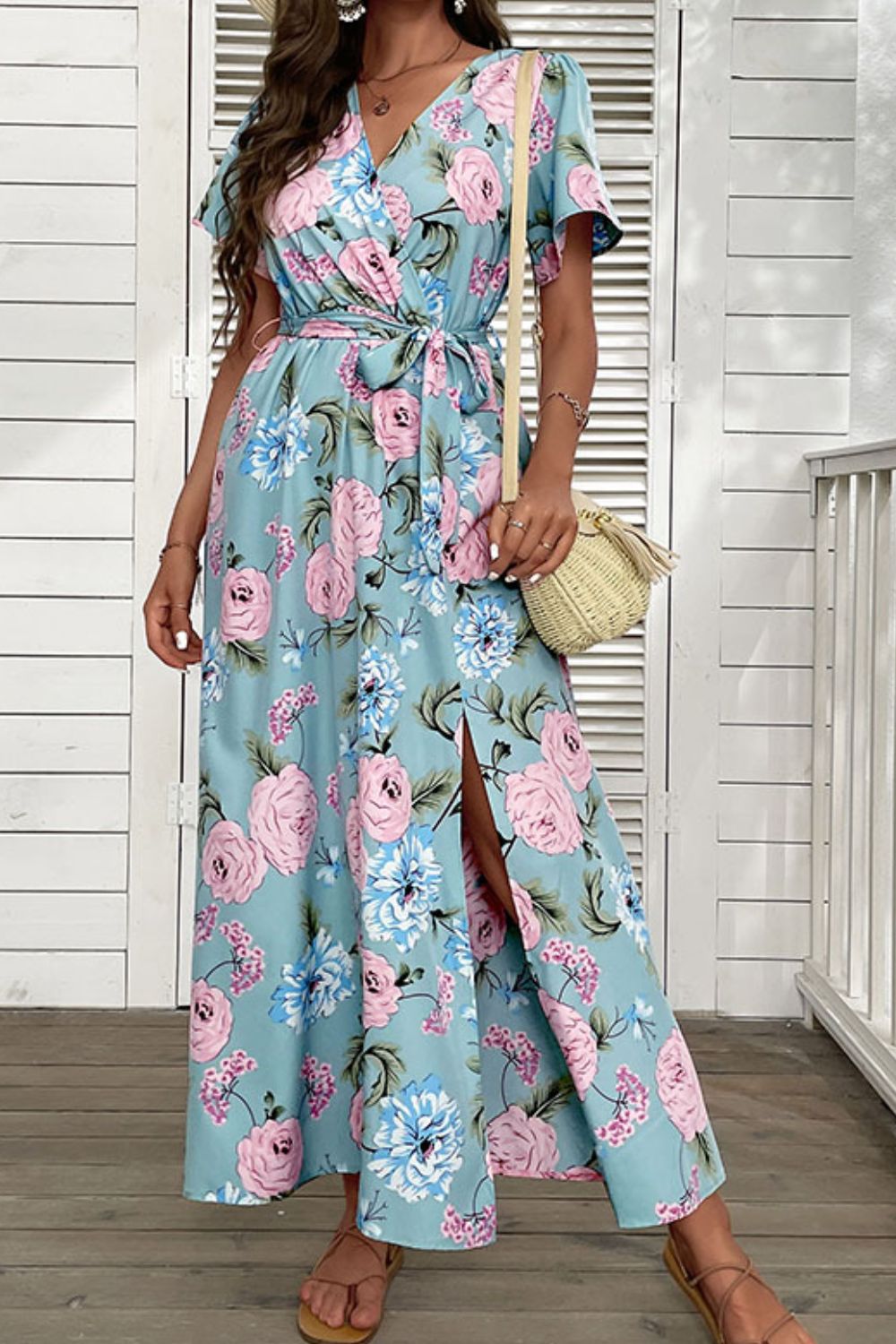 Floral Tie-Waist Slit Surplice Maxi Dress