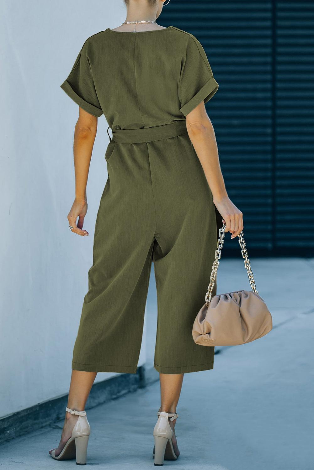 Tie-Waist Buttoned Cropped Jumpsuit - BELLATRENDZ