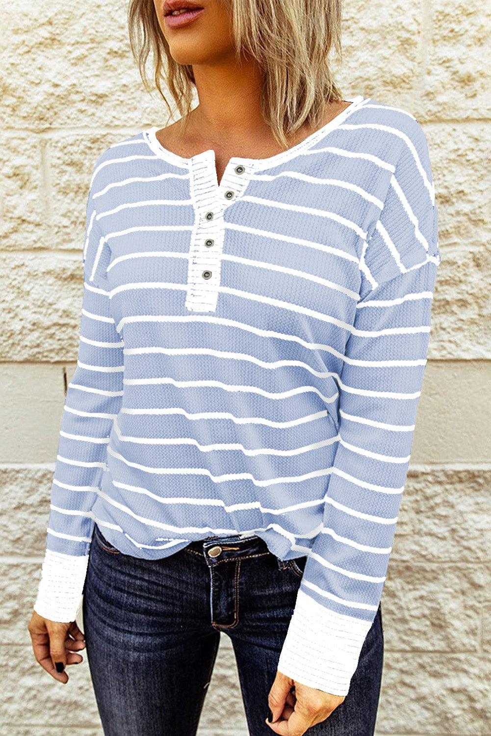 Striped Waffle Knit Henley Long Sleeve Top - BELLATRENDZ