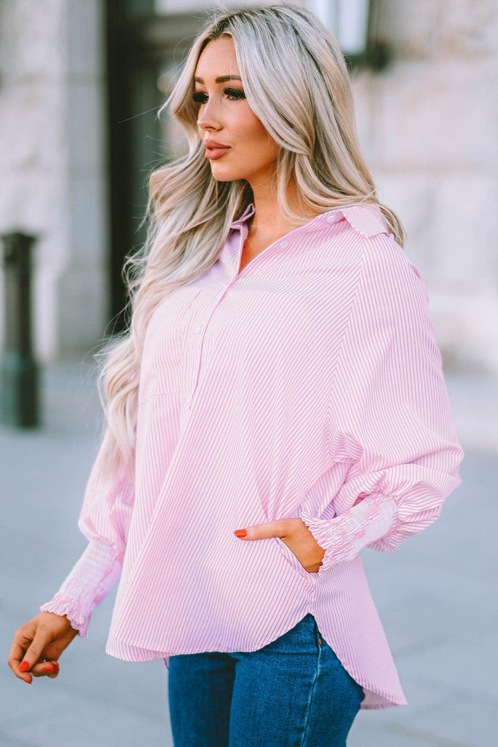 Striped Lantern Sleeve Collared Shirt - BELLATRENDZ