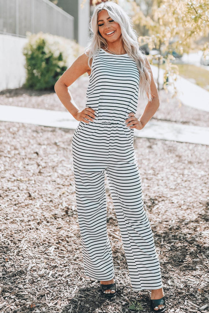 Striped Sleeveless Jumpsuit with Pockets - BELLATRENDZ