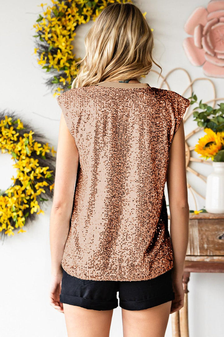 Sequin Round Neck Capped Sleeve Tank - BELLATRENDZ